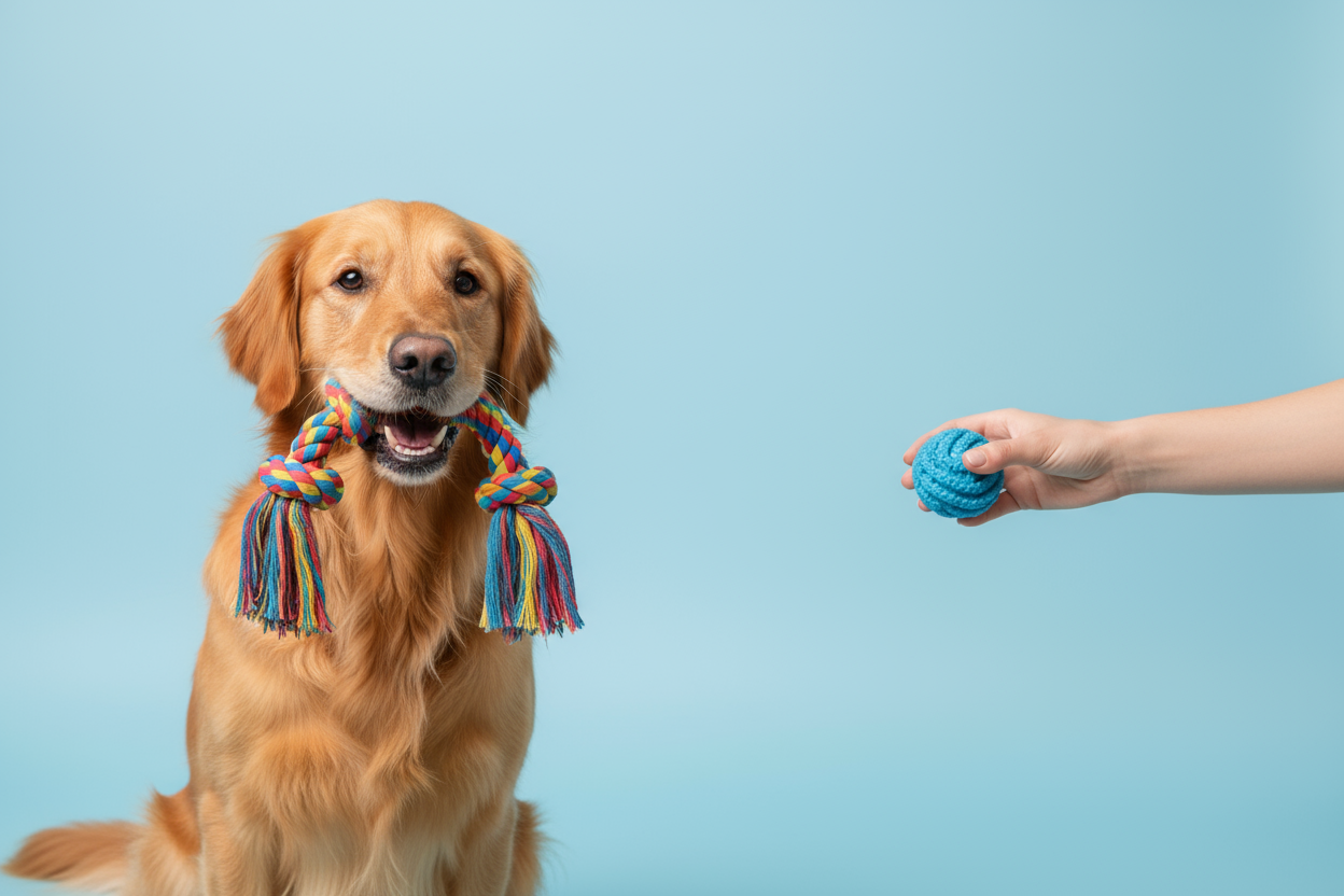 perfect but make the background a lighter blue and the dog more to the left 